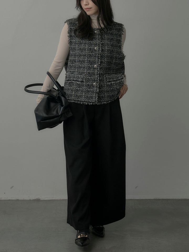 【SET】ツイードフリンジベスト+メロウフリルシアートップス+【ロープベルト付属】ウールタッチワイドパンツ(3set)