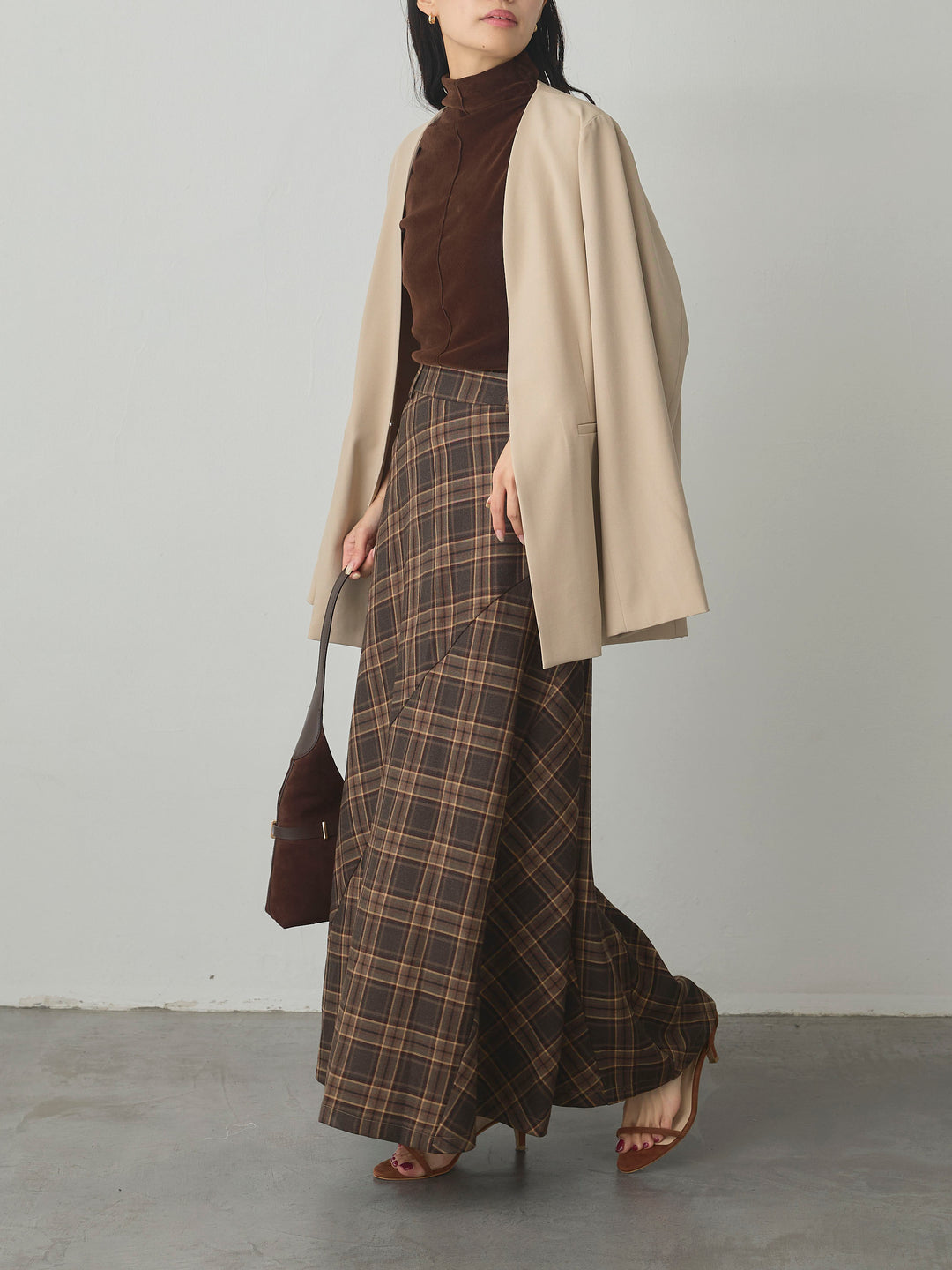 【SET】【Essential】フロントホックノーカラージャケット+メッシュベロアノースリーブトップス+クラシカルチェックパネルスカート(3set)