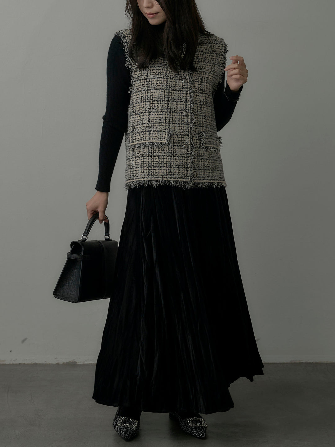 【SET】ツイードフリンジベスト+リブニットタートルネック+ベロアワッシャープリーツスカート(3set)
