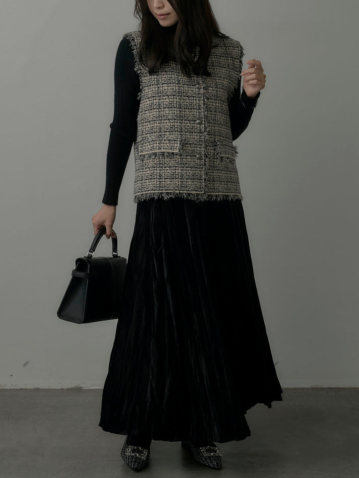 【SET】ツイードフリンジベスト+リブニットタートルネック+ベロアワッシャープリーツスカート(3set)