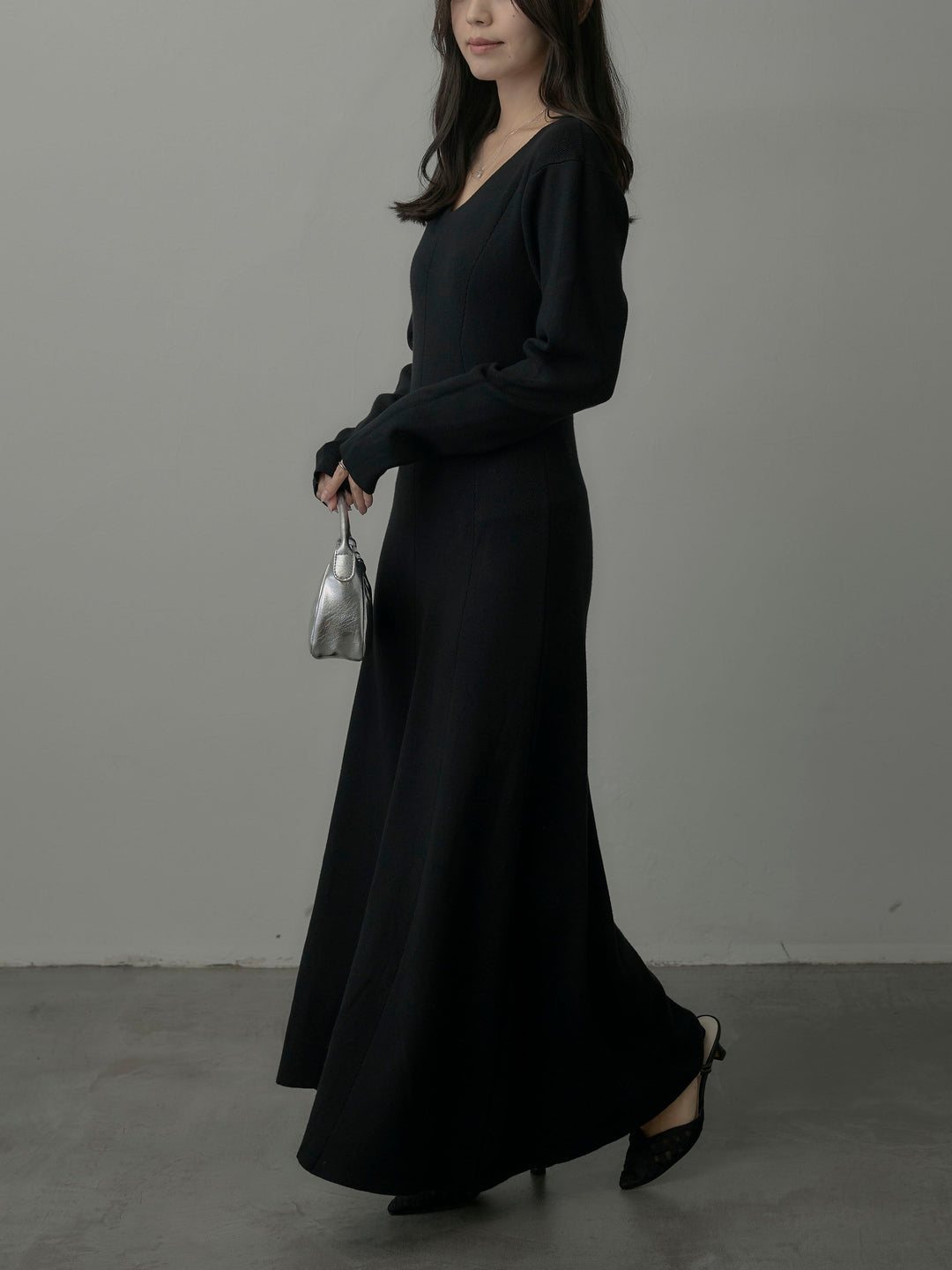 【SET】ショールカラーニットカーディガン+Vネックニットロングワンピース(2set)