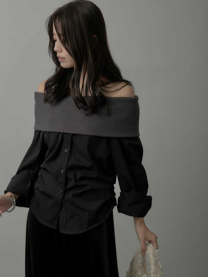 【SET】ニットシャツドッキングオフショルトップス+ベロアフレアロングスカート(2set)