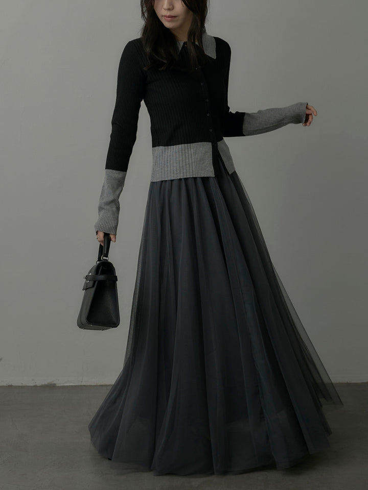 【SET】バイカラーリブニットポロトップス+ボリュームチュールスカート(2set)