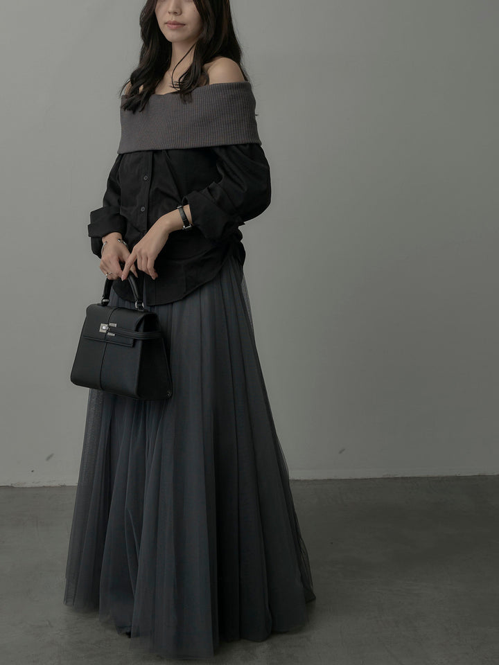 【SET】ニットシャツドッキングオフショルトップス+ボリュームチュールスカート(2set)