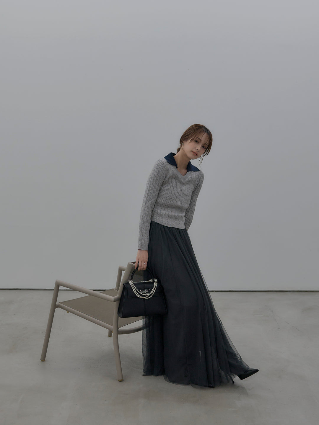 【SET】配色Vネックケーブルニットトップス+ボリュームチュールスカート(2set)