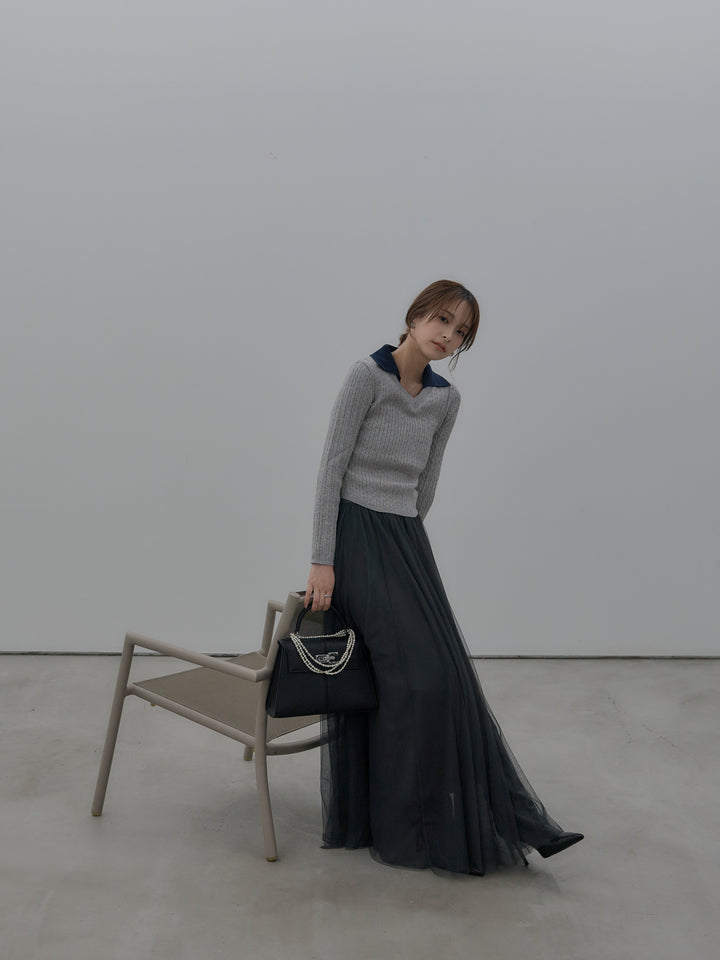 【SET】配色Vネックケーブルニットトップス+ボリュームチュールスカート(2set)