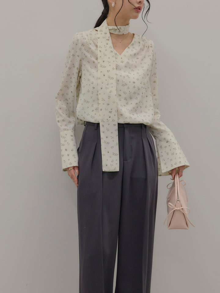 【Essential】2wayタイ付きベルスリーブサテンブラウス