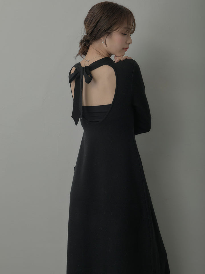 バックリボンニットロングワンピース