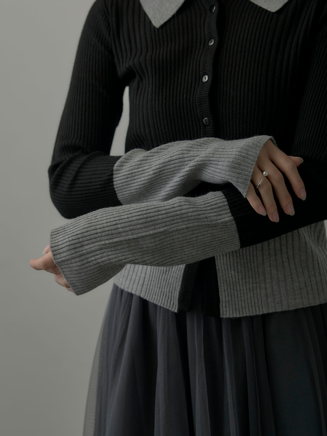 バイカラーリブニットポロトップス