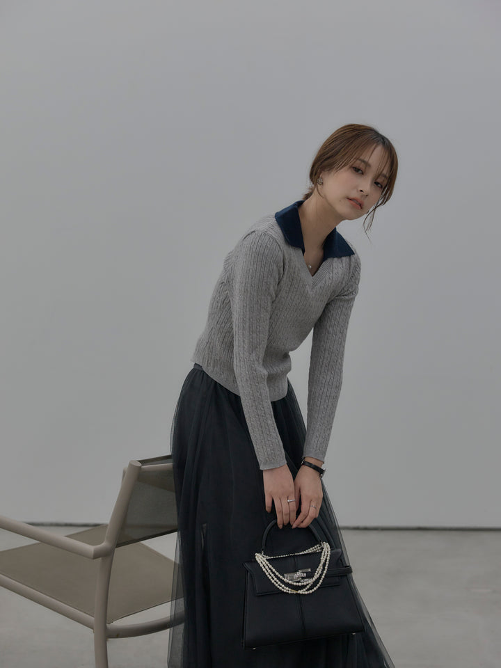 配色Vネックケーブルニットトップス