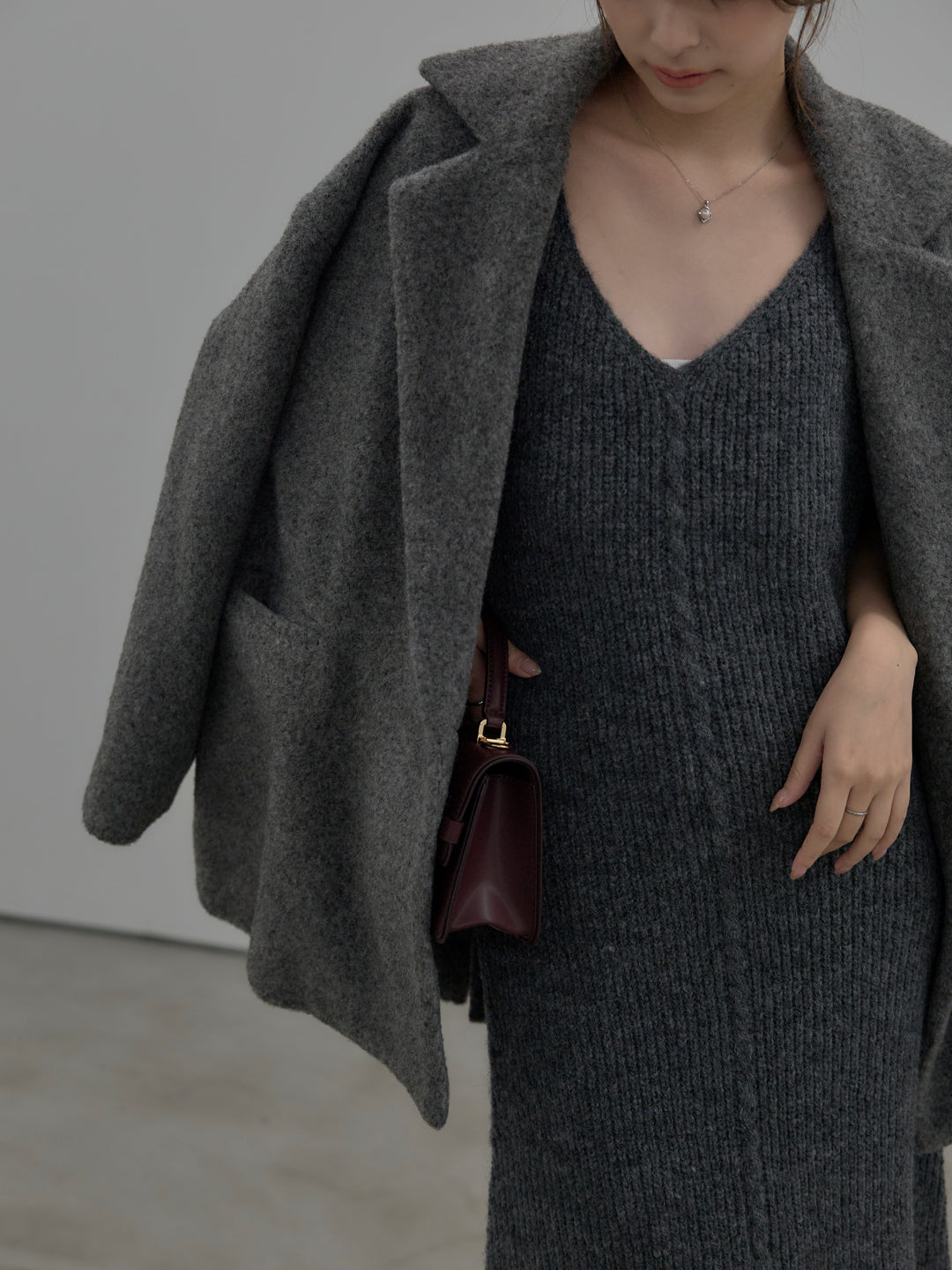 【SET】【Essential】オーバーサイズジャケットコート+リュクスリブニットロングドレス(2set)