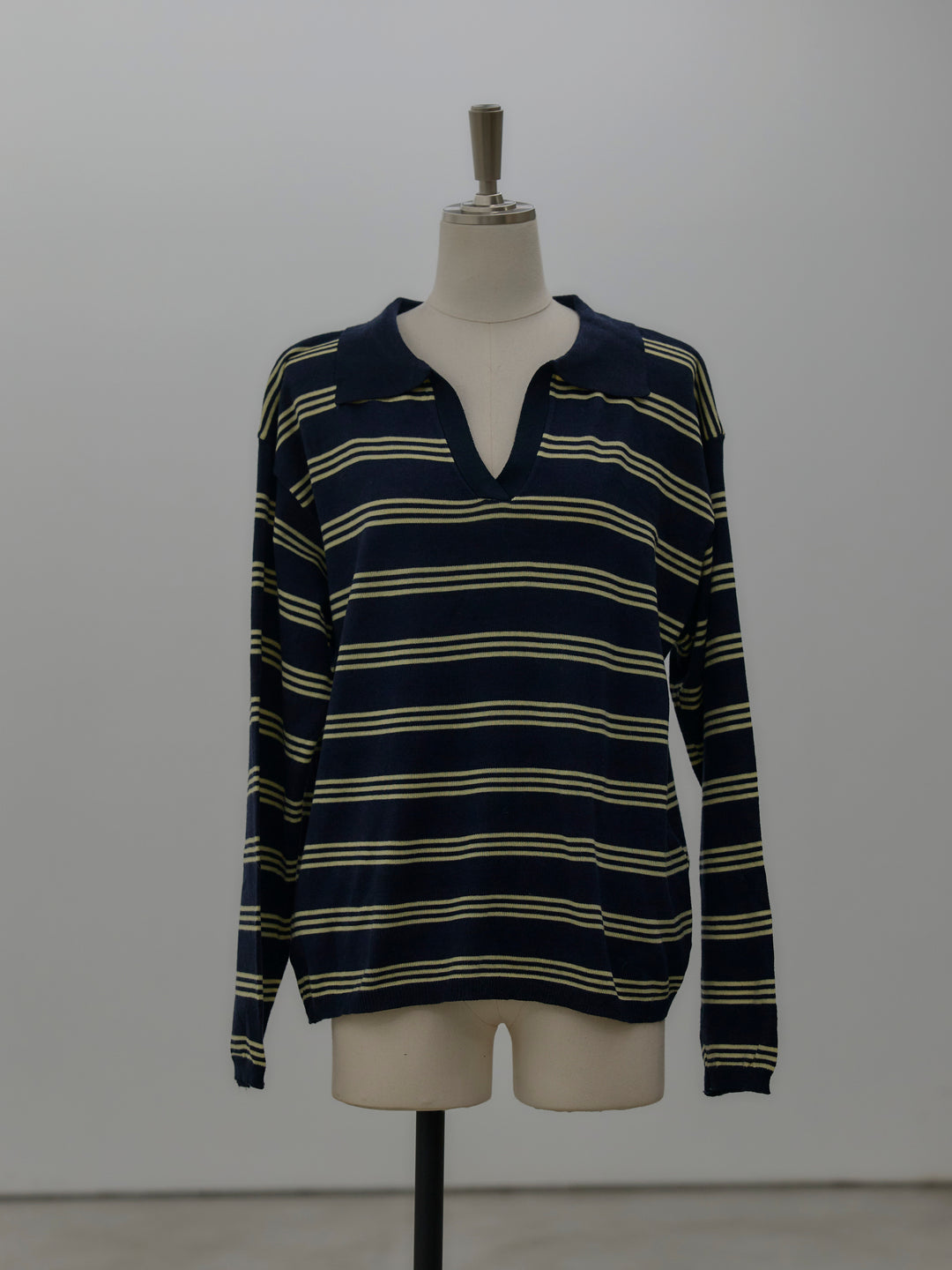 ボーダーポロ襟ニットプルオーバー