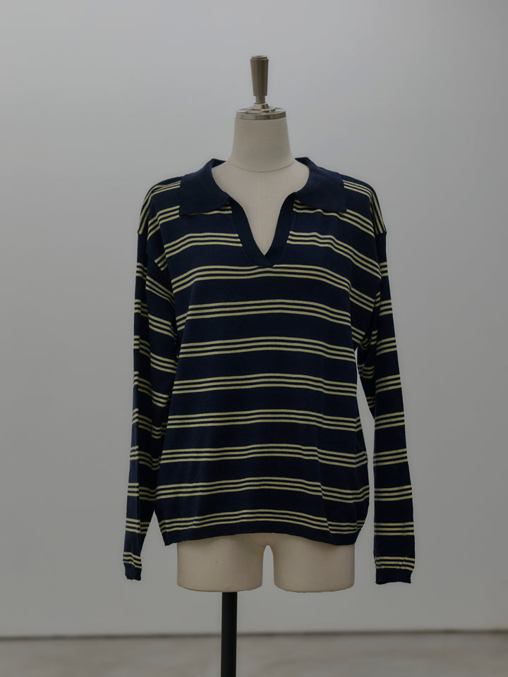 ボーダーポロ襟ニットプルオーバー