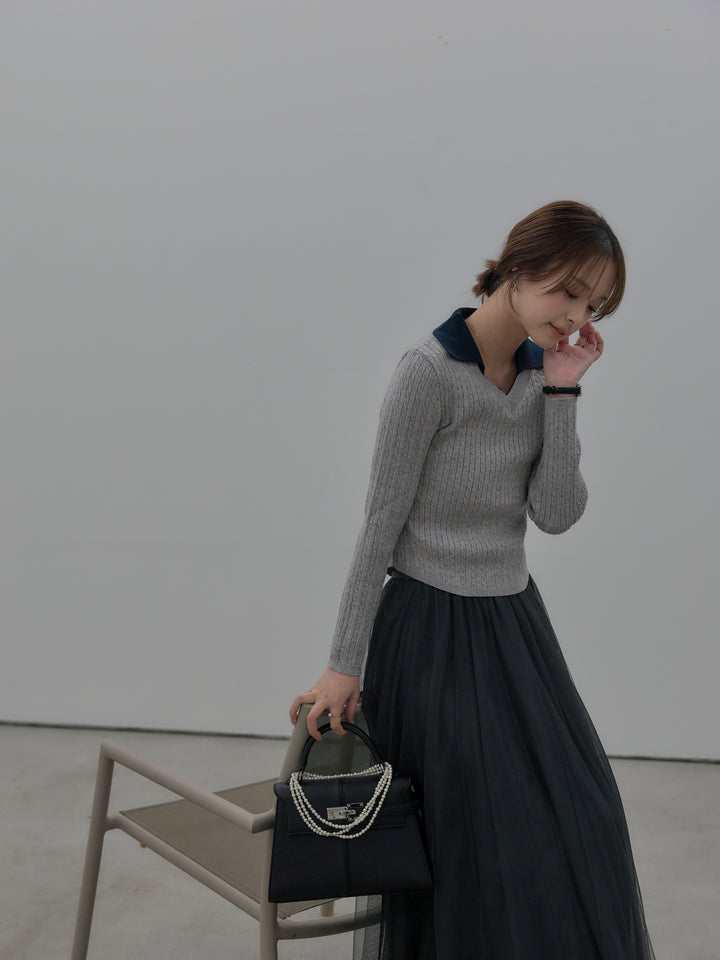 【SET】配色Vネックケーブルニットトップス+ボリュームチュールスカート(2set)