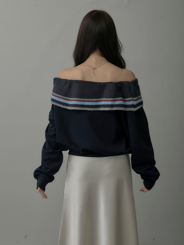 配色ボーダースウェットオフショルトップス