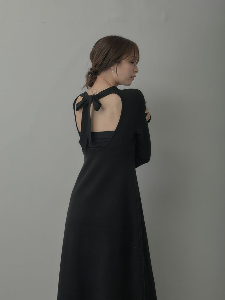 バックリボンニットロングワンピース