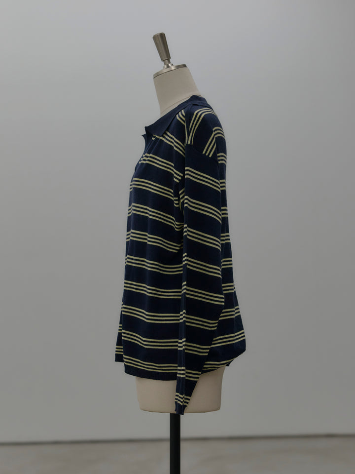 ボーダーポロ襟ニットプルオーバー