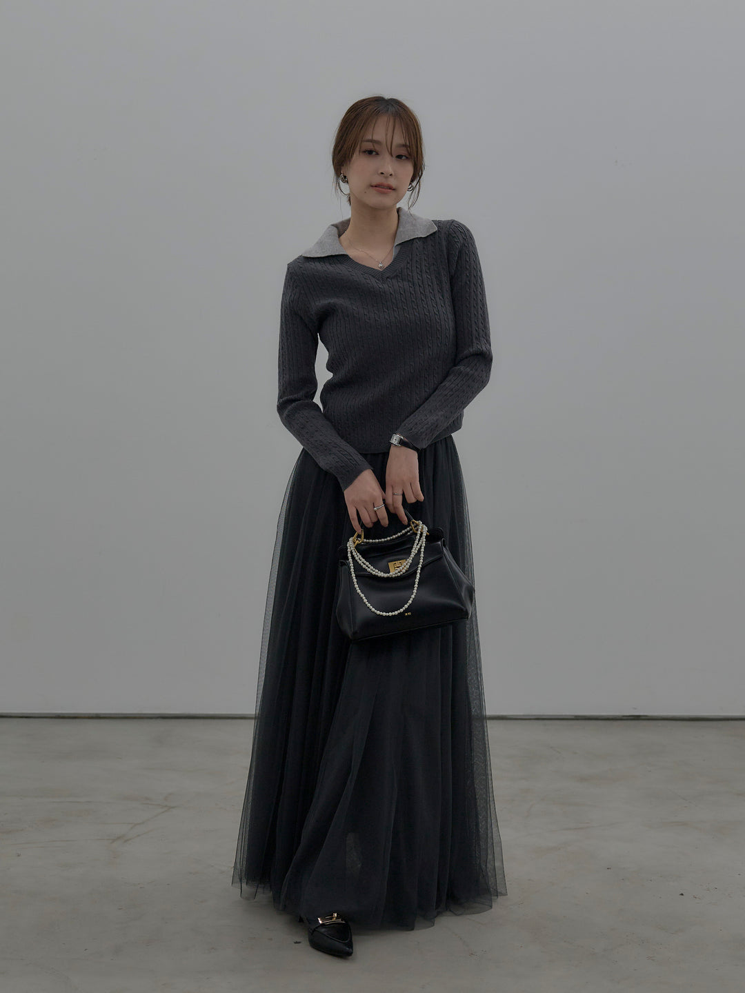 【SET】配色Vネックケーブルニットトップス+ボリュームチュールスカート(2set)