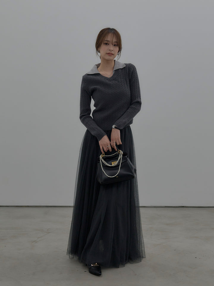 【SET】配色Vネックケーブルニットトップス+ボリュームチュールスカート(2set)