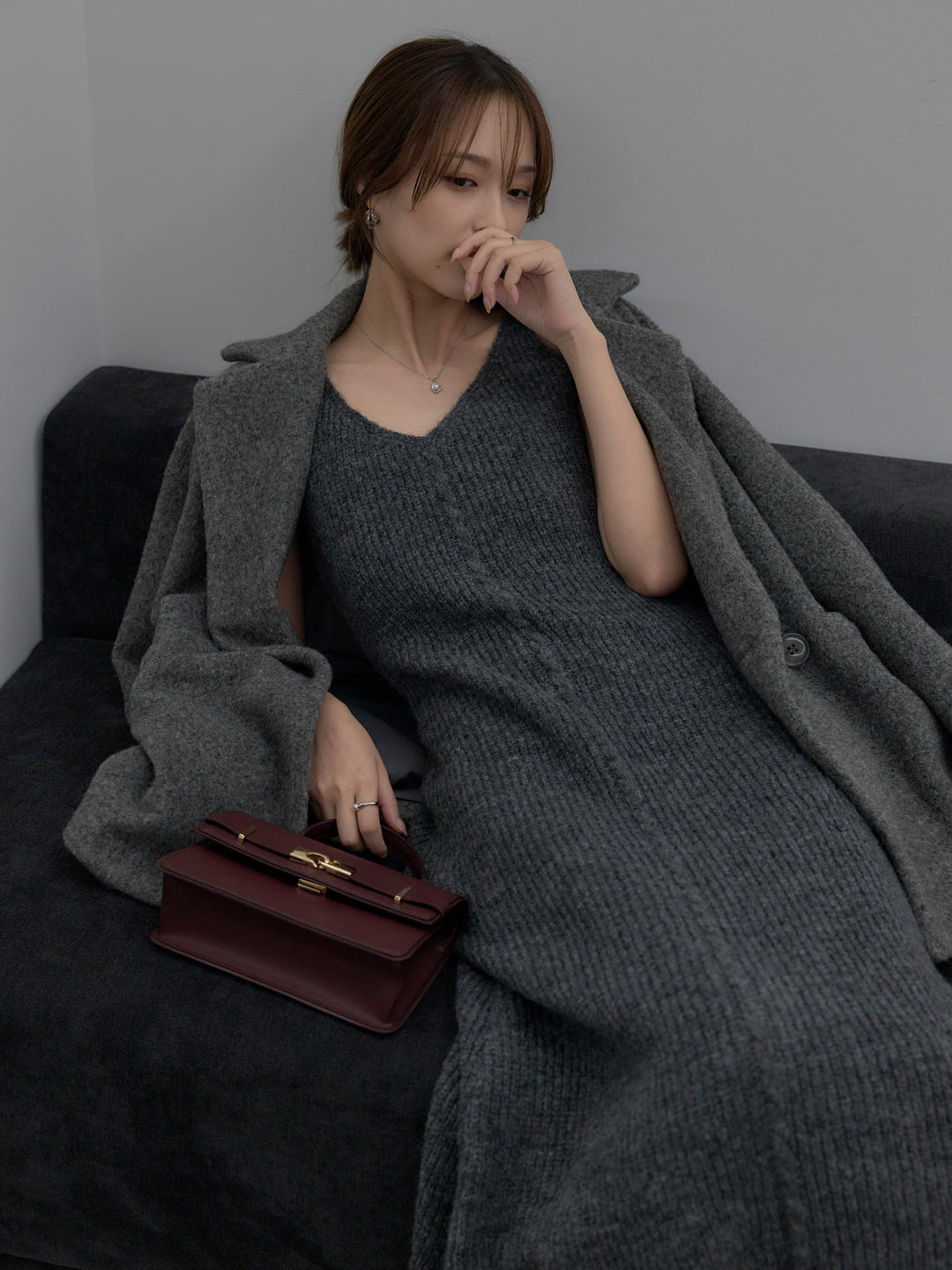 【SET】【Essential】オーバーサイズジャケットコート+リュクスリブニットロングドレス(2set)