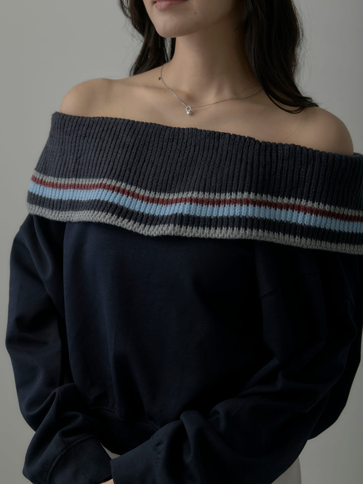 配色ボーダースウェットオフショルトップス