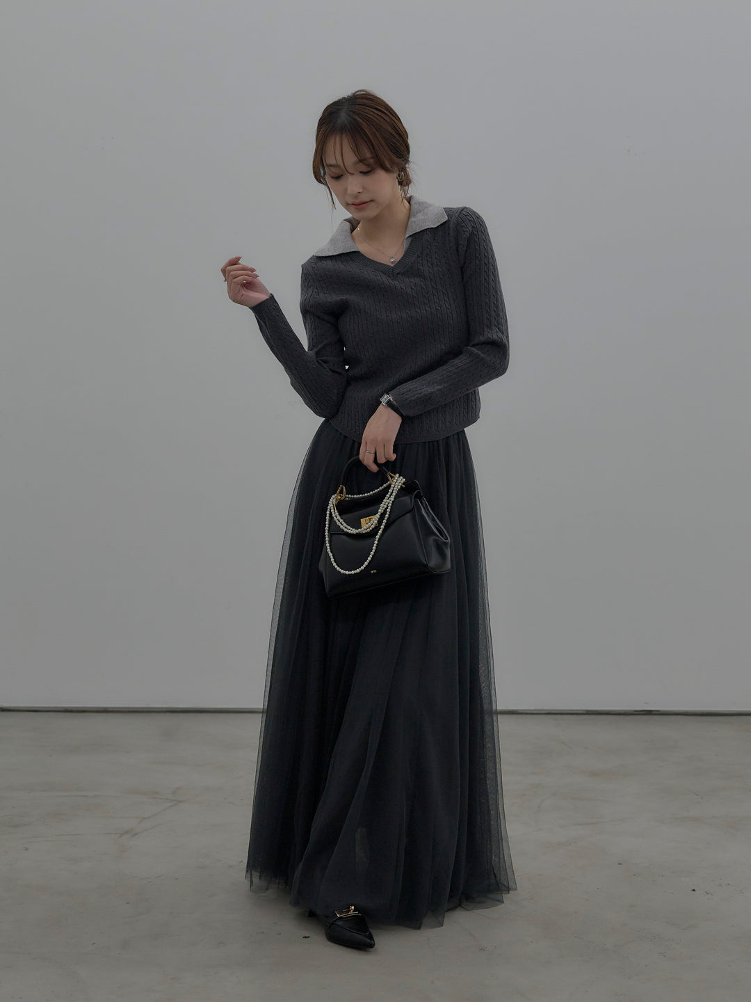 【SET】配色Vネックケーブルニットトップス+ボリュームチュールスカート(2set)