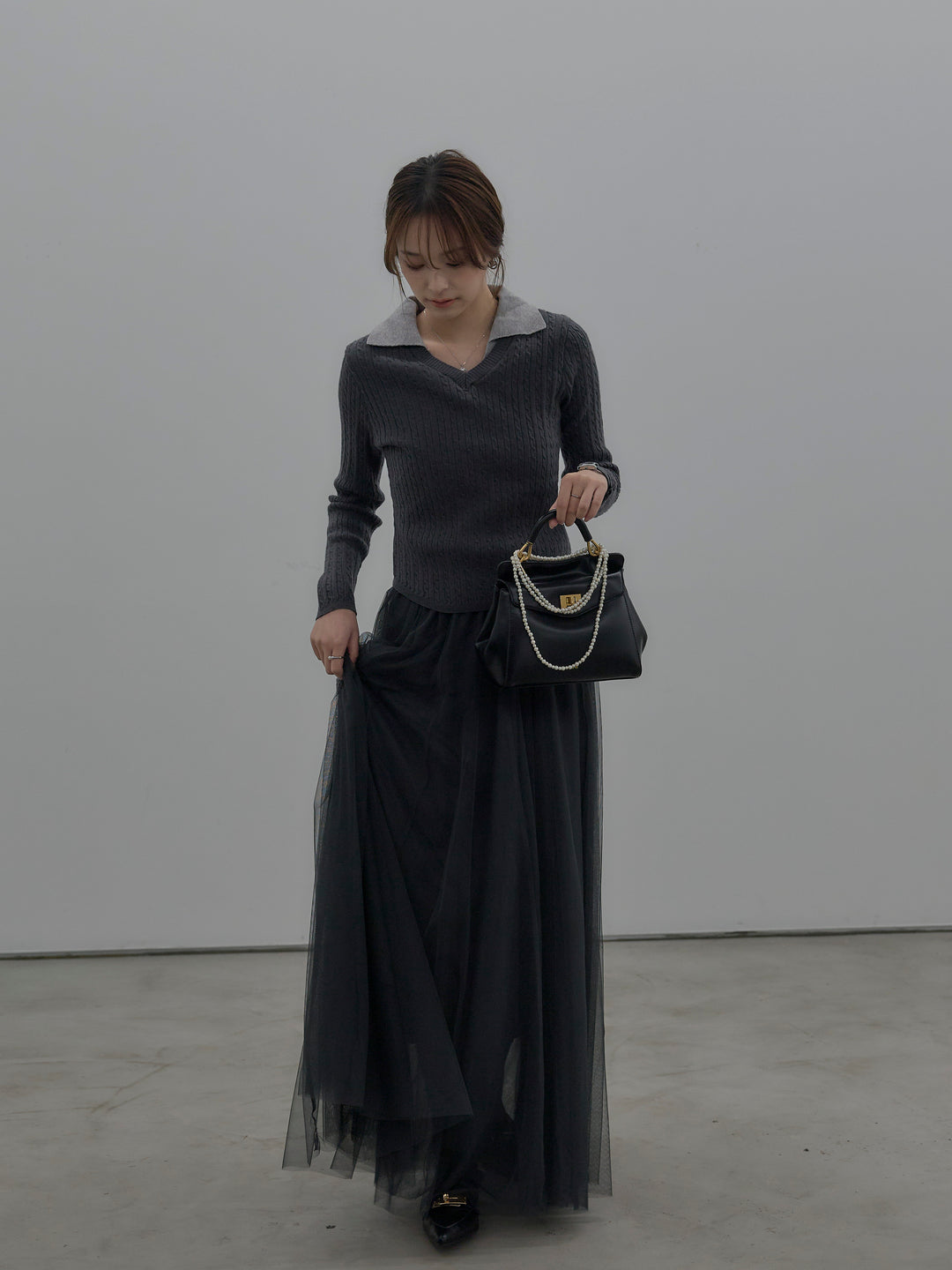 配色Vネックケーブルニットトップス