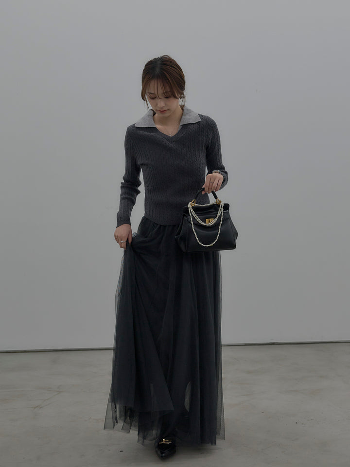 配色Vネックケーブルニットトップス