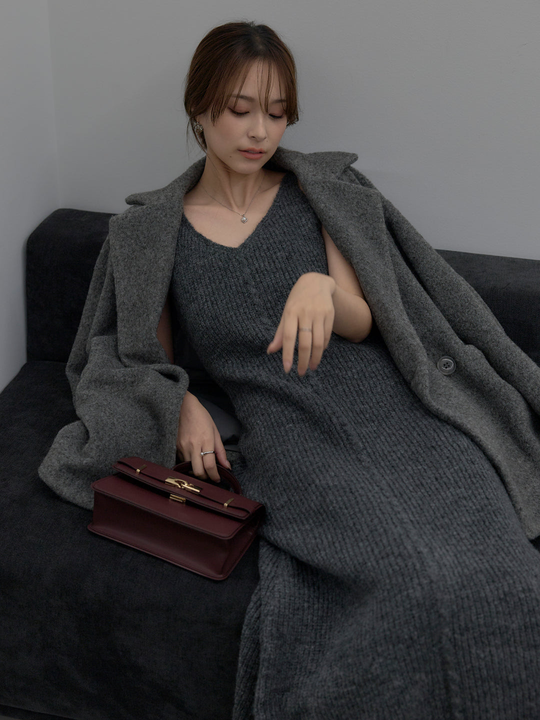 【SET】【Essential】オーバーサイズジャケットコート+リュクスリブニットロングドレス(2set)