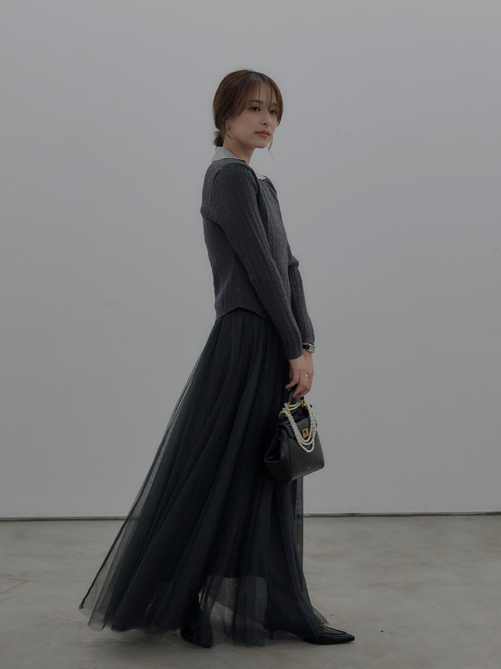 【SET】配色Vネックケーブルニットトップス+ボリュームチュールスカート(2set)