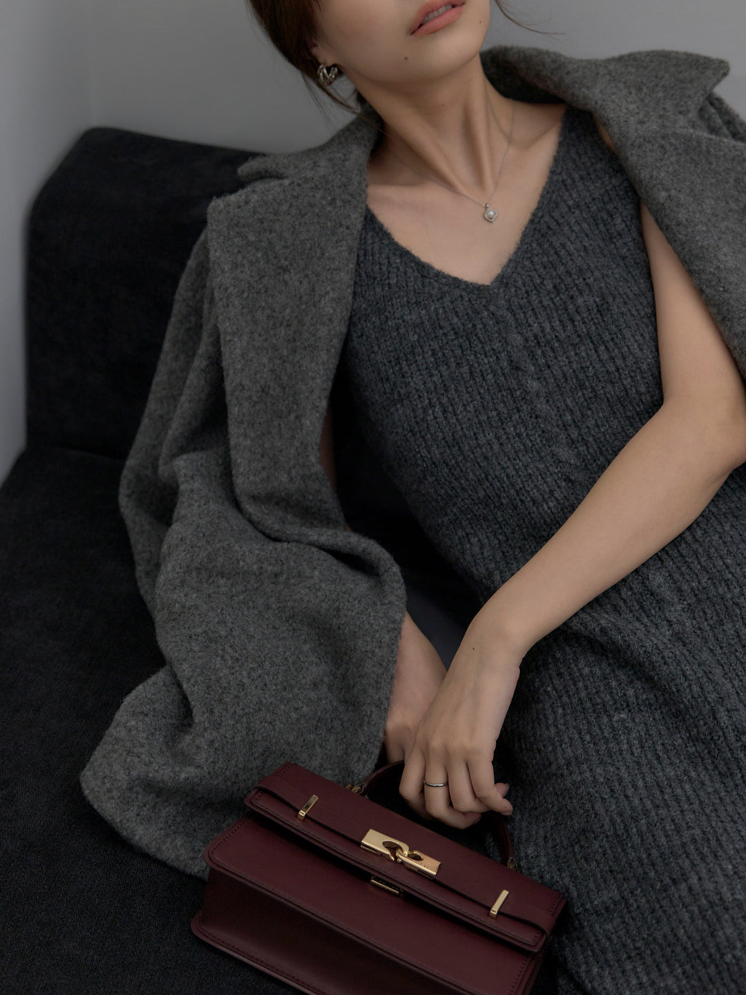 【SET】【Essential】オーバーサイズジャケットコート+リュクスリブニットロングドレス(2set)