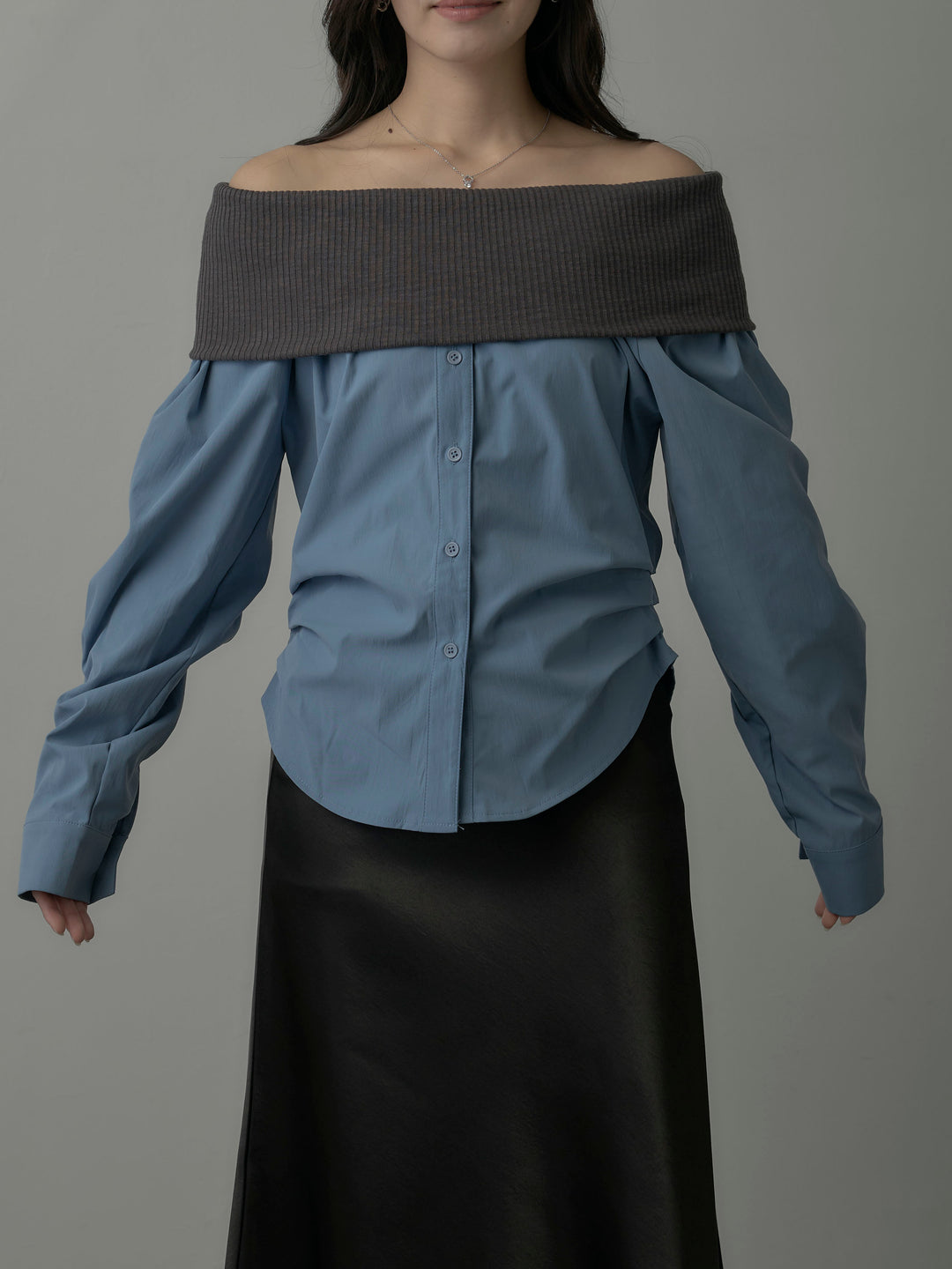 ニットシャツドッキングオフショルトップス