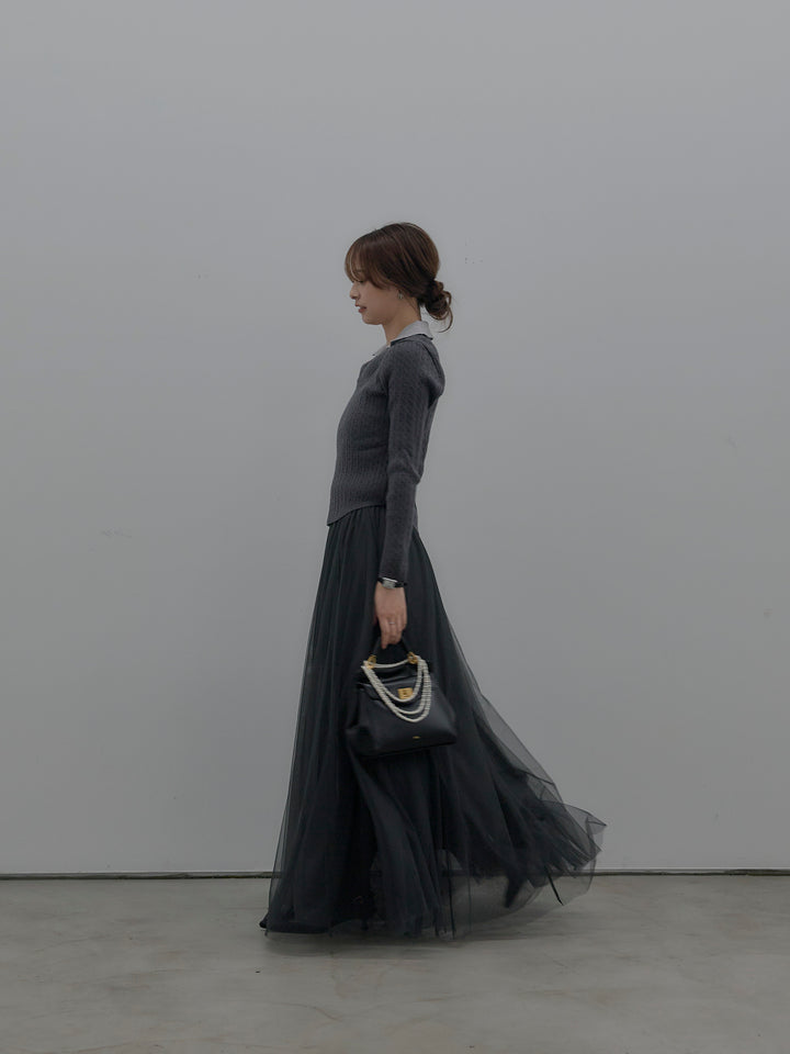 【SET】配色Vネックケーブルニットトップス+ボリュームチュールスカート(2set)