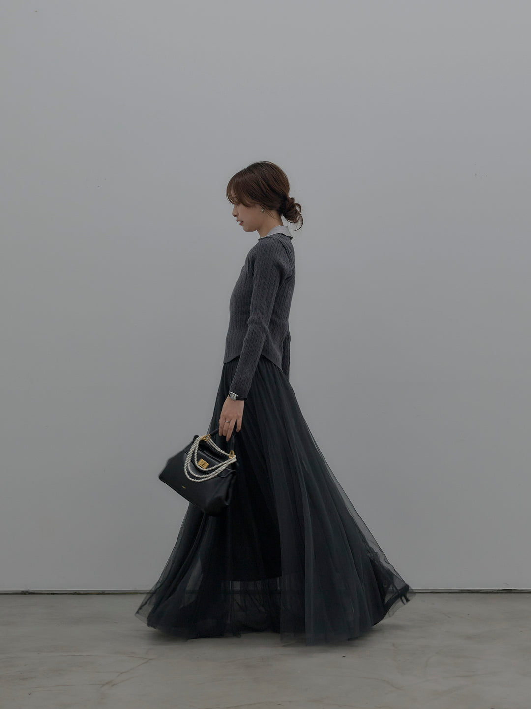 【SET】配色Vネックケーブルニットトップス+ボリュームチュールスカート(2set)