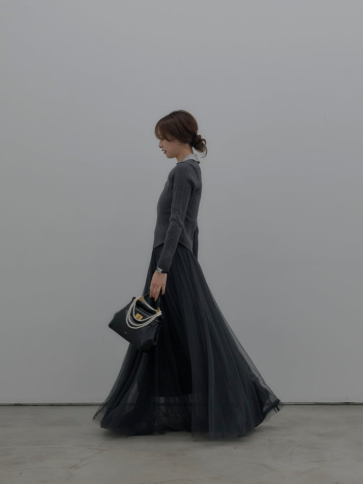 【SET】配色Vネックケーブルニットトップス+ボリュームチュールスカート(2set)