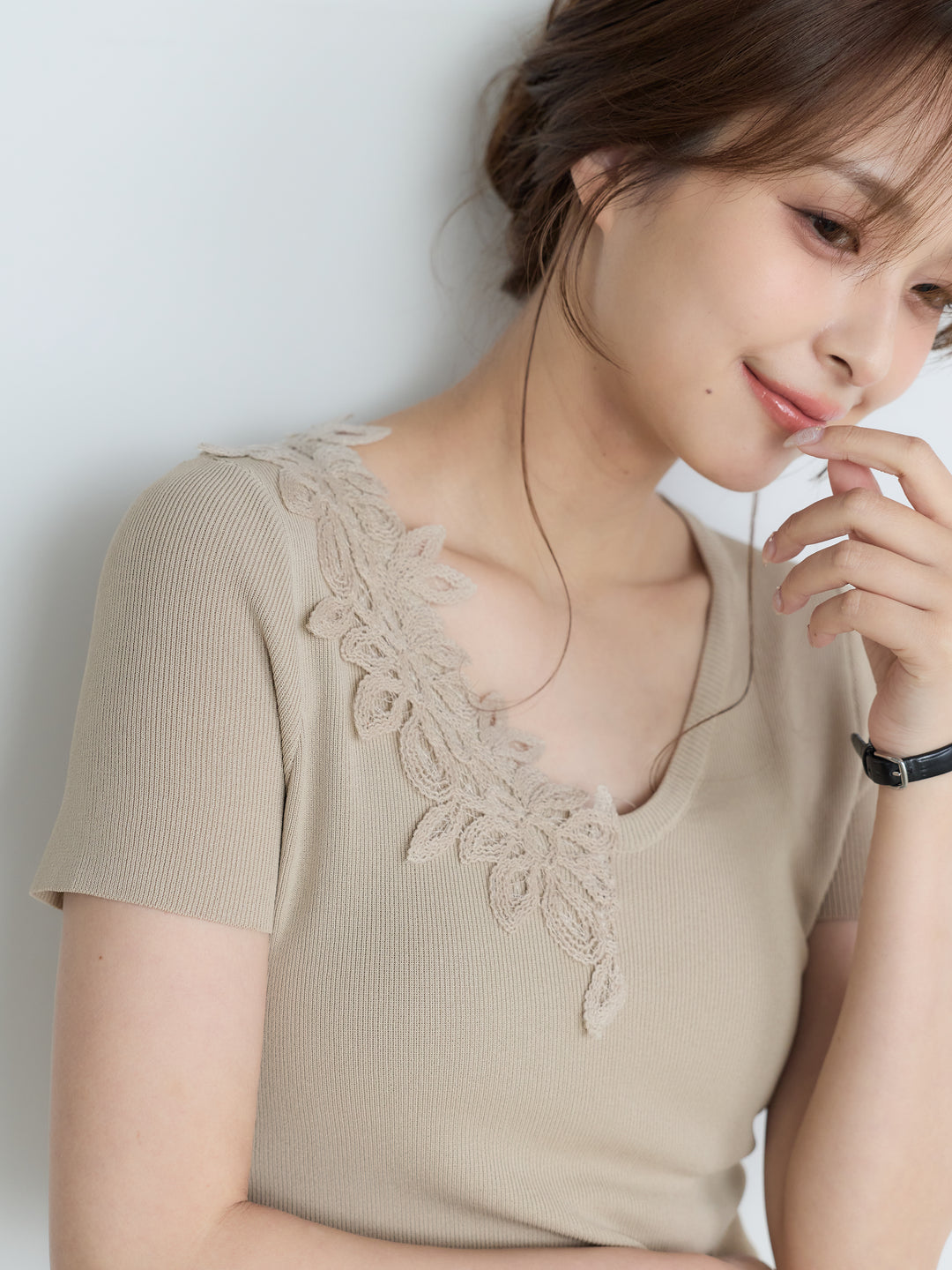 【SET】【Luxe Series】アシメレースネックサマーリブトップス+【Luxe Series】シャイニーシワプリーツスカート(2set)