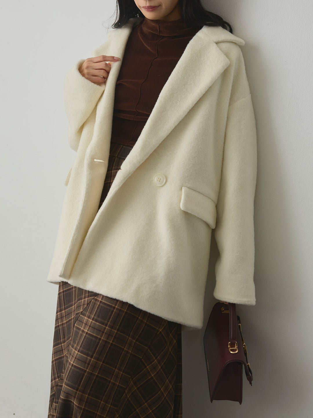 【SET】【Essential】オーバーサイズジャケットコート+メッシュベロアノースリーブトップス+クラシカルチェックパネルスカート(3set)