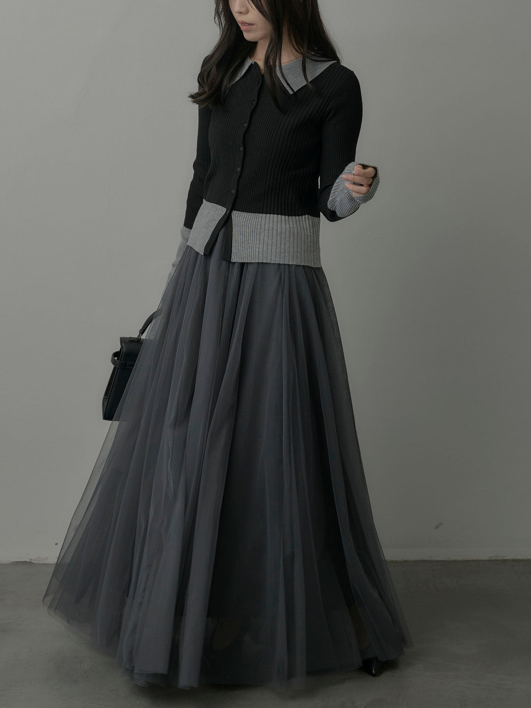 【SET】バイカラーリブニットポロトップス+ボリュームチュールスカート(2set)