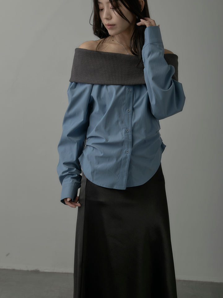 【SET】ニットシャツドッキングオフショルトップス+ヘビーサテンAラインスカート(2set)