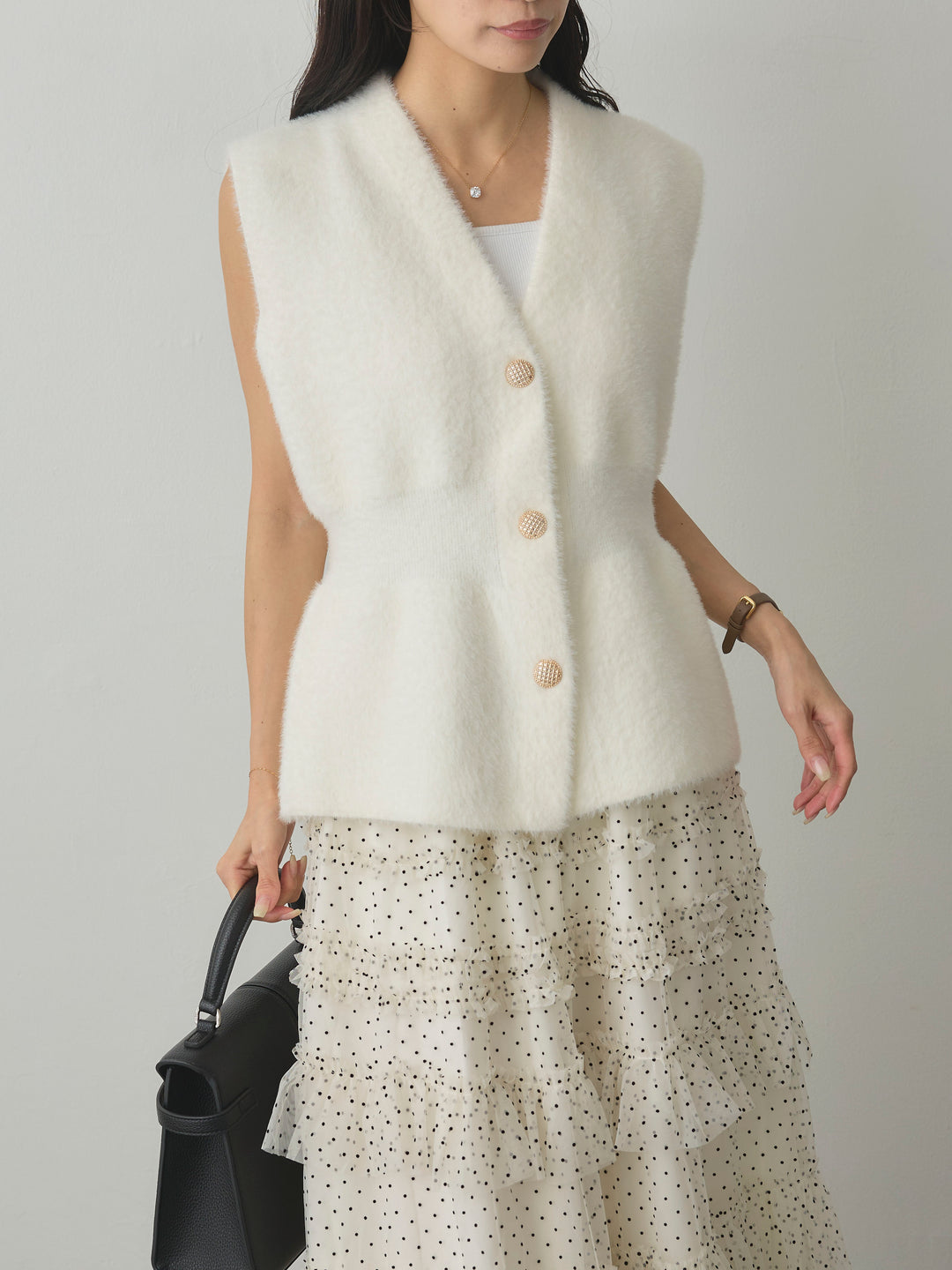 【SET】シャギーニットペプラムベスト+ドットチュールティアードスカート(2set)