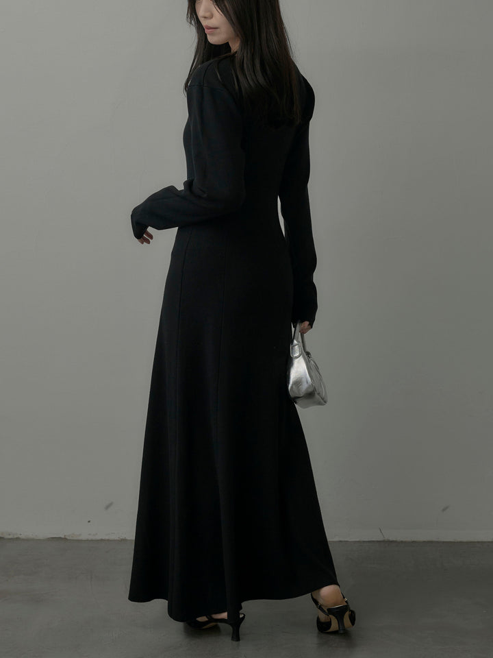 【SET】ショールカラーニットカーディガン+Vネックニットロングワンピース(2set)