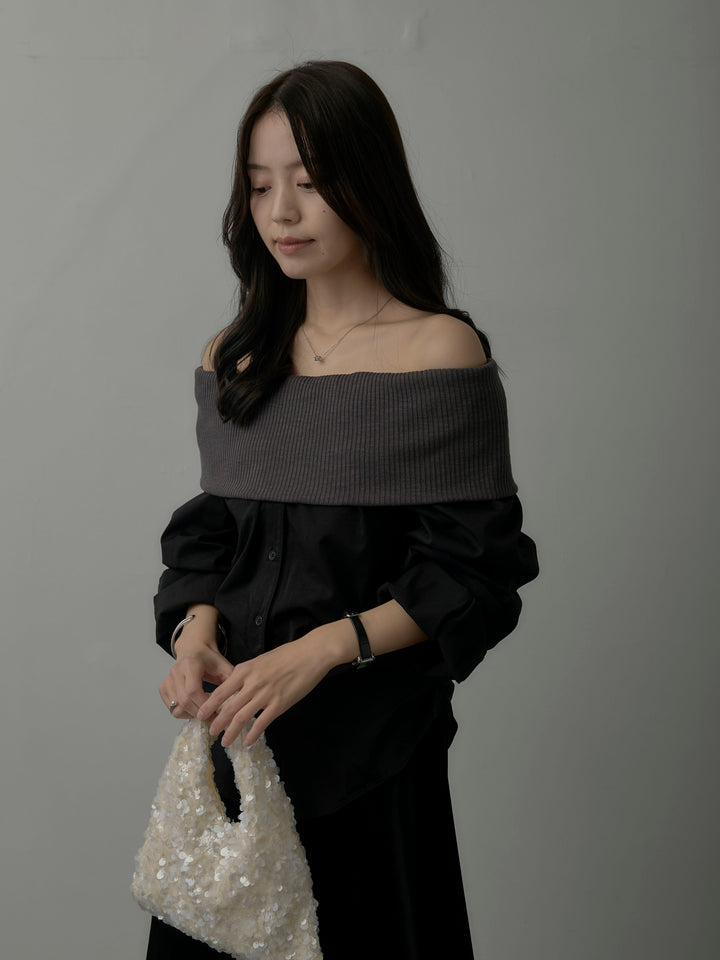 【SET】ニットシャツドッキングオフショルトップス+ベロアフレアロングスカート(2set)