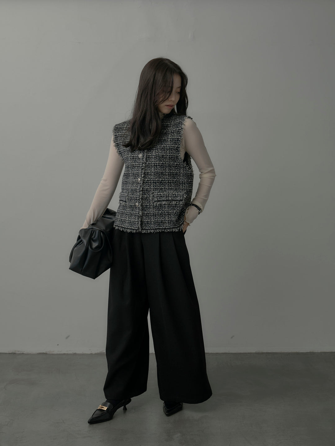 【ロープベルト付属】ウールタッチワイドパンツ