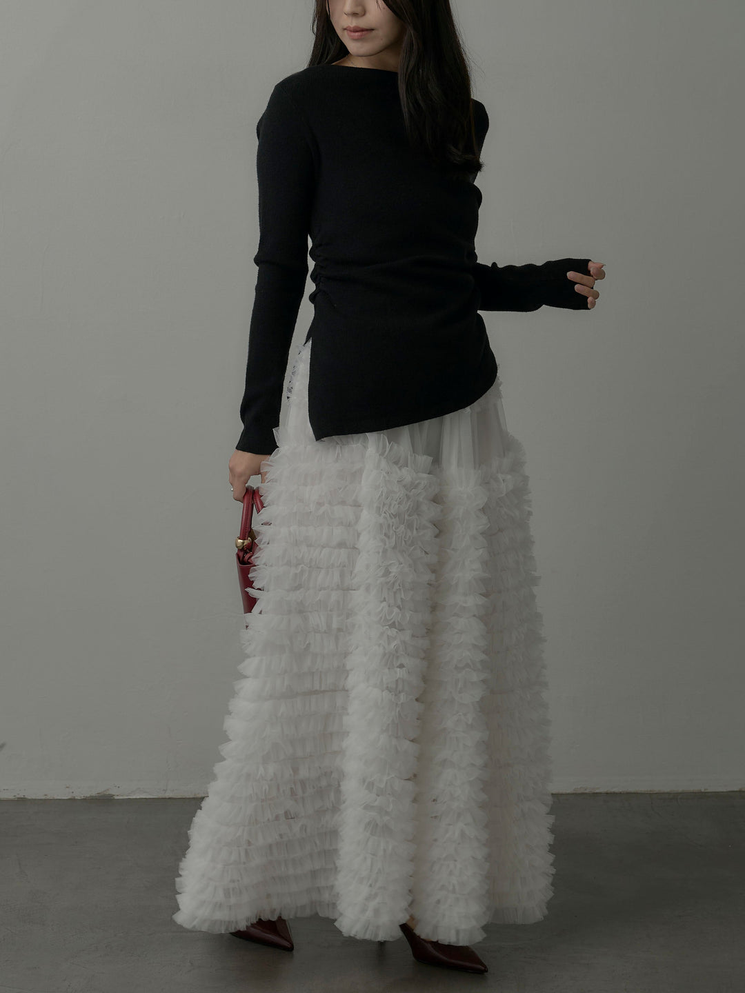 【SET】サイドスリットボートネックニットトップス+ドラマチックフリルチュールスカート(2set)