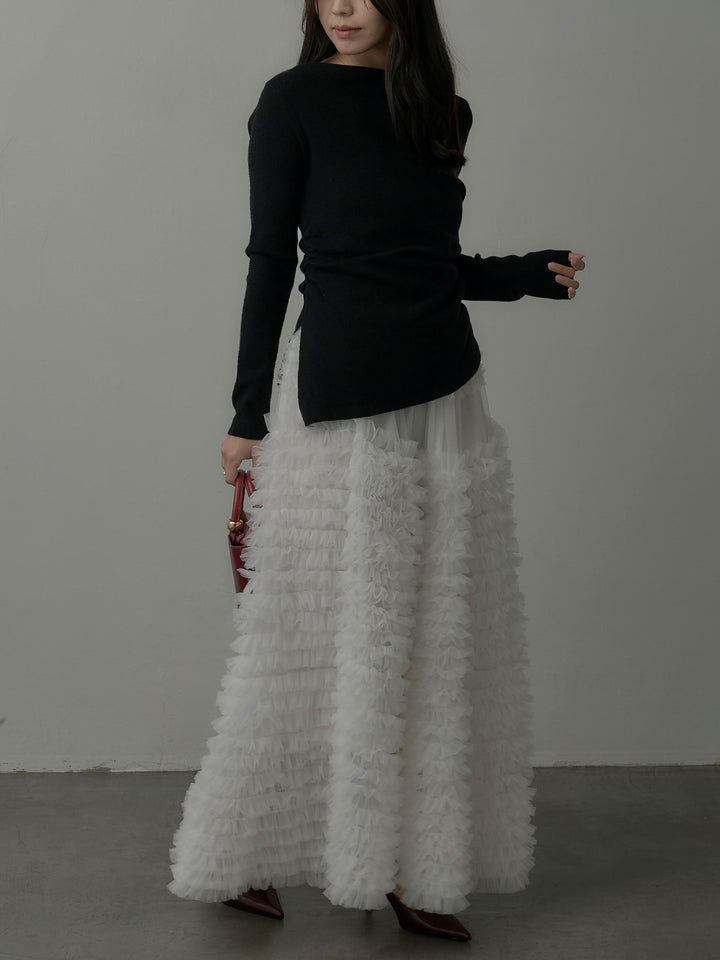 【SET】サイドスリットボートネックニットトップス+ドラマチックフリルチュールスカート(2set)