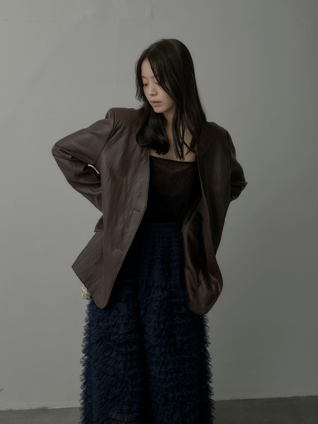 【SET】レザーノーカラージャケット+ドラマチックフリルチュールスカート(2set)
