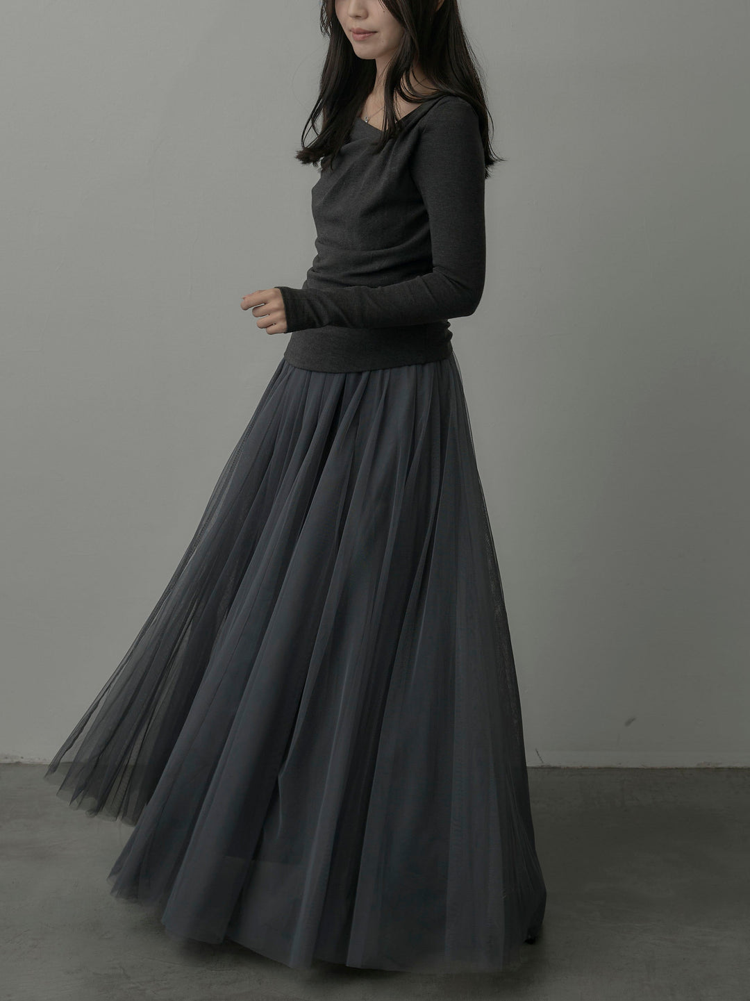 【SET】ドレープデザイントップス+ボリュームチュールスカート(2set)