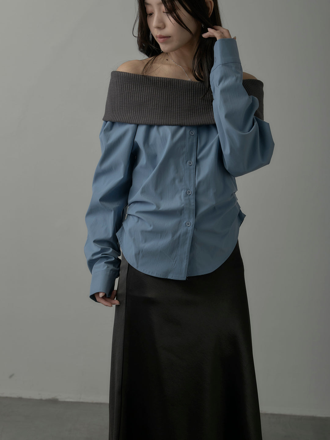 ニットシャツドッキングオフショルトップス