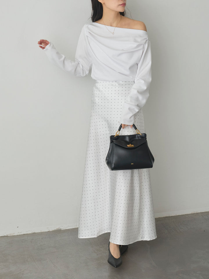 【SET】【Essential】2wayショルダードレープカットトップス+ドットサテンスカート(2set)