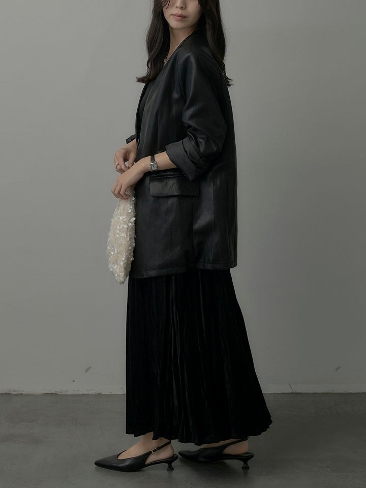 【SET】レザーノーカラージャケット+ベロアワッシャープリーツスカート(2set)